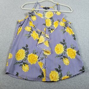 Time To Bloom Cami Tank Top Women S Small Blue Yellow Floral Roses Stripe Blouse
